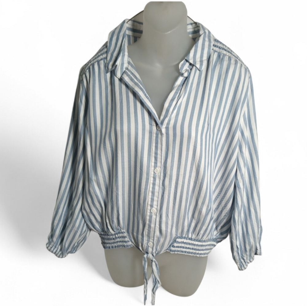 BeachLunchLounge Striped Button Front Tie Waist Blouse Elastic Hem Top Large